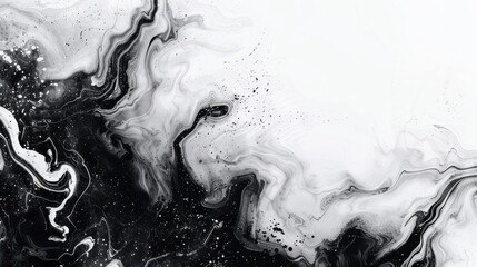 Wall Mural - A close-up abstract image of black and white liquid paint swirling and mixing together, creating a marbled effect with splashes and splatters on the white background.