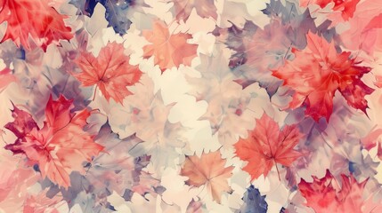 Poster - A watercolor painting of red and purple autumn leaves, some of which are partially overlapping, on a pale beige background. The leaves are all maple leaves.