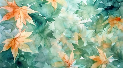 Aufkleber - A watercolor painting featuring a close-up view of overlapping green and orange leaves, creating a layered and textured effect. The soft, blended colors evoke a feeling of tranquility and the beauty o