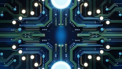 Poster - Circuit board featuring glowing circles, green and blue lines. Perfect for technology, electronics, innovation, and futuristic concepts.