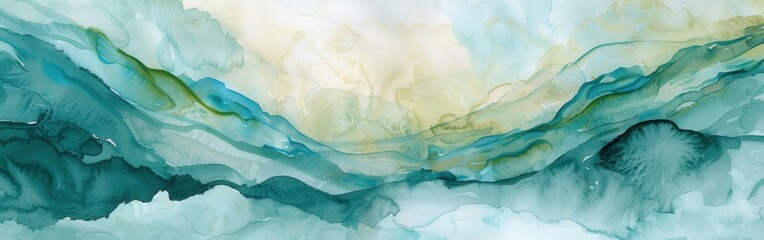 Aufkleber - An abstract painting with swirling, flowing shapes in shades of teal and yellow. The composition creates the impression of a landscape, with rolling hills and a light sky. The painting has a soft, eth
