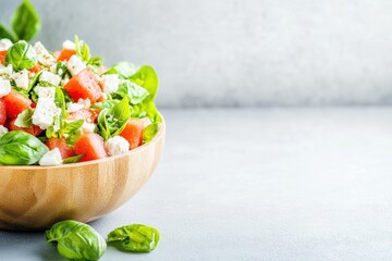 Fresh green salad with cherry tomatoes, cucumbers, and radishes in a white bowl on a light gray background.