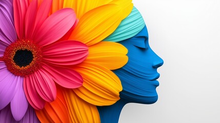 Wall Mural - A woman's face is painted with a flower on it. The flower is colorful and has a blue stem. The image has a bright and cheerful mood, with the flower