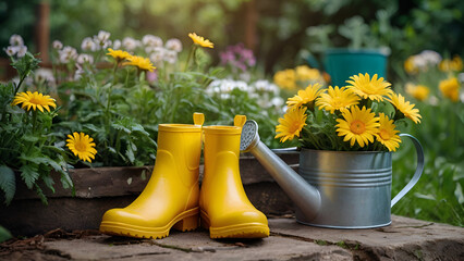  Yellow boots and green watering can with flowers
