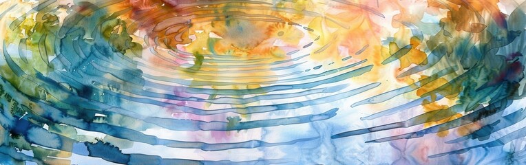 Fototapete - The image depicts a watercolor painting with blue and yellow ripples, resembling water or a lake. The colors are vibrant and flow seamlessly, creating a sense of movement and depth.