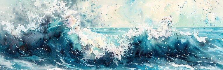 Poster - A watercolor painting depicts a large, breaking ocean wave, with white foam crashing against the turquoise and blue water. The background is a soft wash of light blue and yellow, suggesting a bright, 