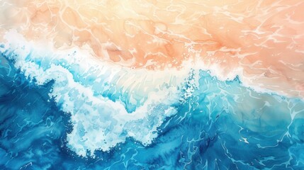 Poster - A watercolor painting depicting an aerial view of ocean waves crashing onto a sandy beach. The image captures the movement and color of the water and the contrast between the deep blue of the ocean an
