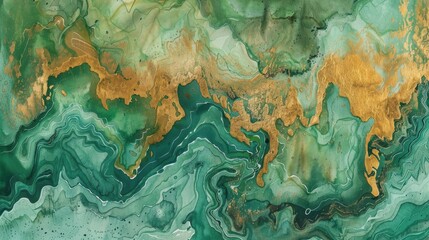 Poster - A close-up image of a swirling pattern of green and gold paint, resembling marble. The image is abstract and artistic, with smooth, flowing lines creating a mesmerizing effect.