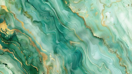 Poster - A close-up image of a swirling, abstract marble pattern. The background is a vibrant green color with accents of gold, creating a luxurious and elegant aesthetic.