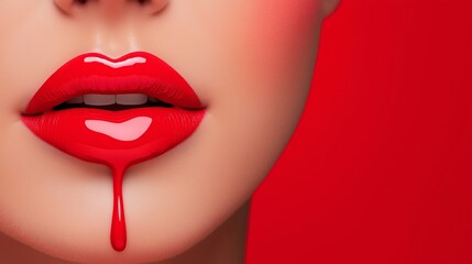 Poster - A woman's lips are painted red with a dripping lip gloss. Concept of glamour and sophistication, as the woman's lips are the focal point of the image