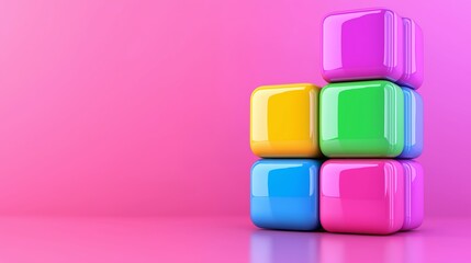 Poster - A stack of colorful cubes on a pink background. The cubes are arranged in a pyramid shape, with the bottom cube being the largest and the top cube being the smallest