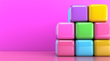 Poster - A stack of colorful blocks on a pink background. The blocks are arranged in a pyramid shape, with the pink background providing a contrasting color. Concept of playfulness and creativity