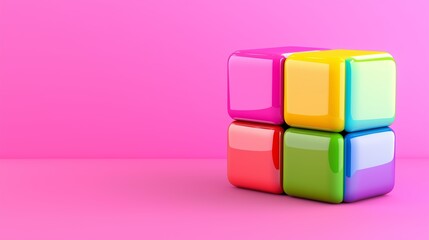 Poster - A colorful cube is sitting on a pink background. The cube is made of different colors and is placed in the center of the image. The pink background gives the image a bright and cheerful mood