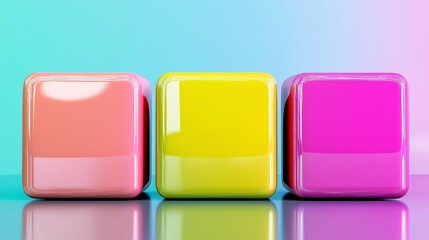 Poster - Three brightly colored cubes are arranged in a row, with the middle cube being yellow. The cubes are placed on a reflective surface, creating a sense of depth and dimension