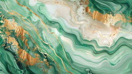 Wall Mural - The image shows an abstract background of swirling green and white marble with gold accents. The marble swirls in a wavy pattern and appears to be polished and smooth. There are spots of gold througho