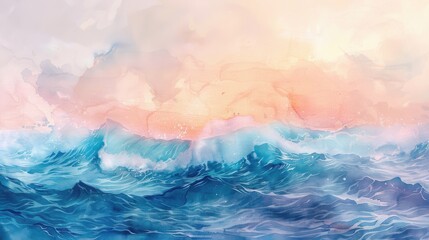 Wall Mural - A watercolor painting depicts a seascape with large waves crashing under a sky filled with pink, orange, and white clouds. The water is a deep blue and turquoise, and the clouds have a soft, hazy text