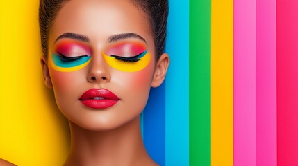 Wall Mural - A woman with colorful makeup on her face is standing in front of a colorful wall. The colors of the wall are bright and vibrant, creating a fun and energetic atmosphere