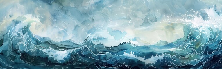 Wall Mural - The illustration depicts a scene of turbulent ocean waves crashing beneath a cloudy sky. The waves are drawn in a watercolor style, with shades of blue, green, and white. The sky is a lighter blue, wi