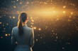 © BetterPhoto - Back view of a woman in business attire looking at a glowing galaxy of stars, symbolizing leadership and visionary thinking.