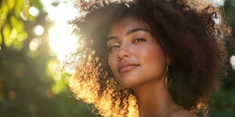 Poster - A young woman with a radiant smile basking in the sunlight with lush greenery in the background, conveying natural beauty and positivity.