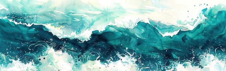 Poster - An abstract watercolor painting depicts turquoise ocean waves crashing with white foam, creating a sense of movement and energy. The background features light blue and white tones, suggesting a bright