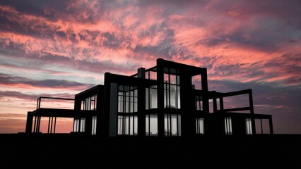 Poster - A house construction silhouetted by a twilight sky