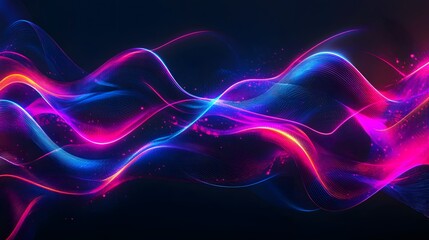 Wall Mural - Abstract background with neon glowing wavy lines on black, gradient from blue to pink, modern design element for banner or poster