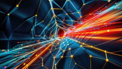 Poster - Abstract background featuring interconnected lines and dots creating a polygonal pattern symbolizing transformation and the evolution of communication in a futuristic setting