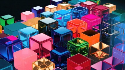 Poster - Vibrant Multicolored Transparent and Opaque Cubes Against Dark Background