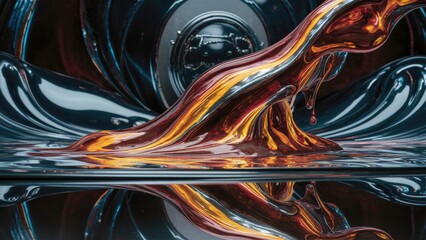 Poster - 3D Render of Flowing Liquid Metal with Colorful Reflections on Dark Surface