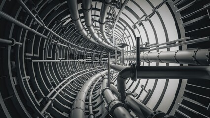 Poster - Abstract monochrome metal pipes extending within a circular tunnel Black and white curved design elements