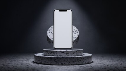 Poster - 3D Render of a smartphone displayed on a terrazzo podium with a blank screen against a dark gradient background ideal for mockup presentations