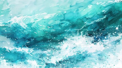 Poster - A vibrant watercolor painting depicts a turquoise ocean scene. White splashes of paint mimic crashing waves, adding a dynamic element to the artwork. The abstract composition evokes a sense of movemen