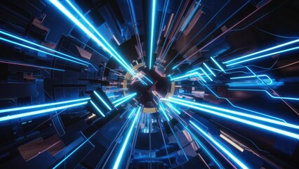 Poster - Abstract futuristic background featuring geometric blue neon lines in a technologyinspired design