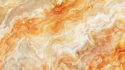 Poster - A close-up of a smooth, polished marble surface with a swirling, abstract pattern in shades of orange, white, and beige. The light shines on the surface, highlighting the intricate veins and patterns 