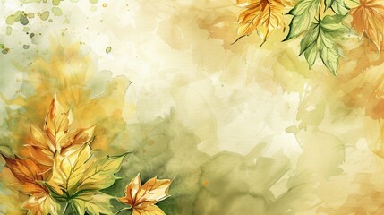Poster - A watercolor painting depicting yellow and green leaves, with a focus on the yellow leaves in the bottom left corner of the image. The background features a light, faded yellow and green watercolor wa