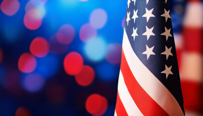 Close-Up of American Flag with Vibrant Bokeh Lights in Red, White, and Blue, Symbolizing Patriotism and Festive Celebration. Banner with Copy Space