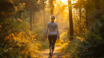 a woman walking on a forest path at sunset, bathed in golden light, representing tranquility, nature