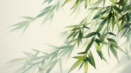 A close-up watercolor painting depicting a cluster of bamboo leaves illuminated by sunlight, showcasing the intricate details of the delicate, green foliage. The soft, airy brushstrokes evoke a sense 