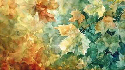 Poster - A close-up watercolor painting depicting a variety of green and yellow leaves, likely maple leaves, arranged in an overlapping pattern against a light background. The leaves are painted in a realistic