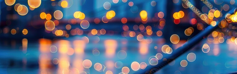Poster - A blurry, close-up photograph of bright lights reflecting on the surface of water. The lights are out of focus, creating a bokeh effect with a variety of colors, mainly orange and yellow. The backgrou