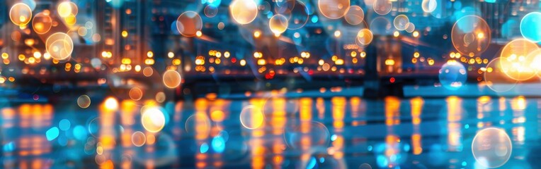 Poster - A blurry photo of a city waterway at night, with the reflection of city lights in the water. The lights appear as round, colorful bokeh.