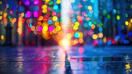 Poster - A close-up shot of a wet sidewalk at night, with a blurred background of colorful street lights reflecting in puddles of water. The lights create a vibrant and festive atmosphere, even in the darkness