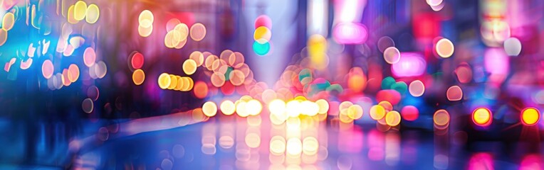 Aufkleber - A photograph of a city street at night, with blurred, colorful lights creating a bokeh effect. The lights are a mix of red, yellow, pink, and blue, and they create a festive and vibrant atmosphere. Th