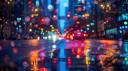 Poster - A rainy night in the city, with blurry lights reflecting off of the wet pavement.
