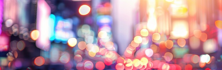 Poster - A blurry image of a city street at night, with bright lights from signs and traffic creating a vibrant and colorful bokeh effect.