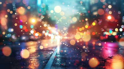 Poster - A wet city street at night with blurred lights reflecting on the pavement. Rain falls on the road, creating a soft, romantic atmosphere.