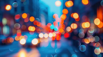 Poster - a nighttime shot of blurred city lights, with a blue, orange, and red color scheme. the lights are o