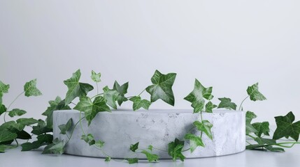 Canvas Print - Product presentation with concrete podium and ivy plant leaves on white backdrop