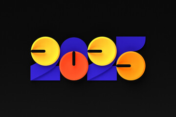 Poster - 2025 calligraphy with 3d numbers on  colorful   background with New Year celebration balls for flyers, posters, signs for business design, brochures, cards, banners, postcards. 3D illustration